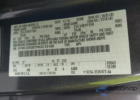 2017 Ford Escape Se z USA, uszkodzony, nr VIN 1FMCU0GD7HUC13120